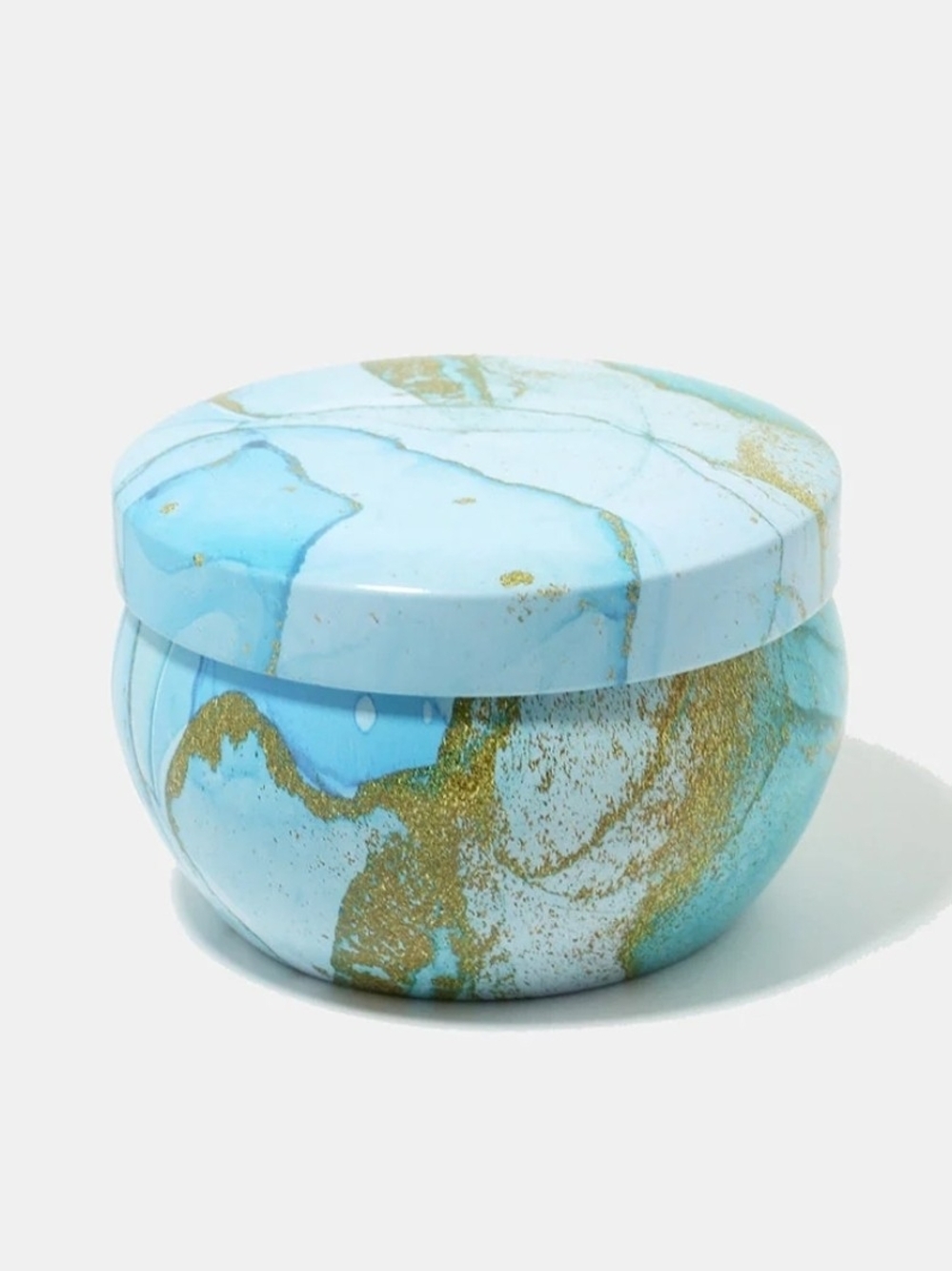 Large Blue Marble Tin Storage Jar with Subtle Gold Veining BNIB